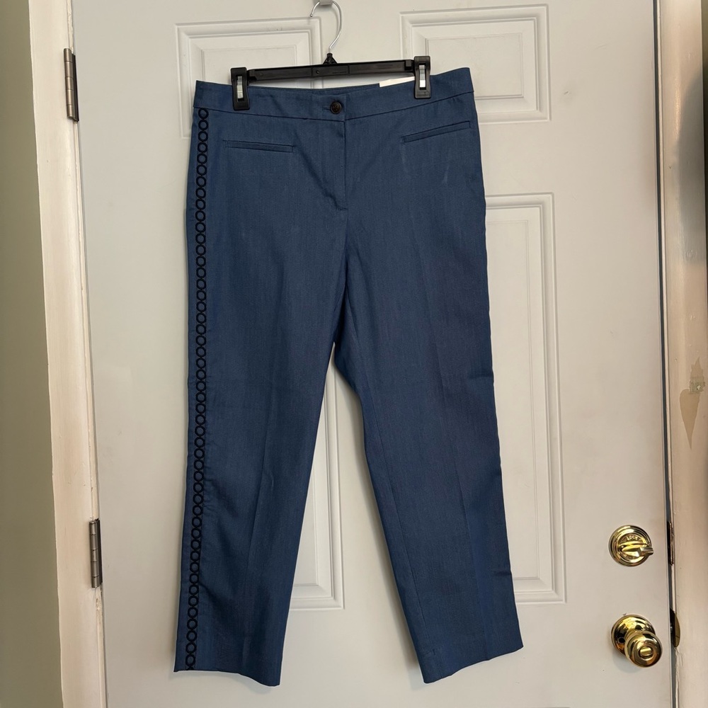NWT Ann Taylor Chambray Cotton Blend Crop Pants w/Embroidered Sides, Size 8